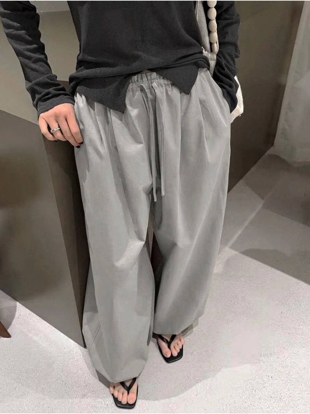 Pixie Market Light Gray Wide-Leg Drawstring Sweatpants